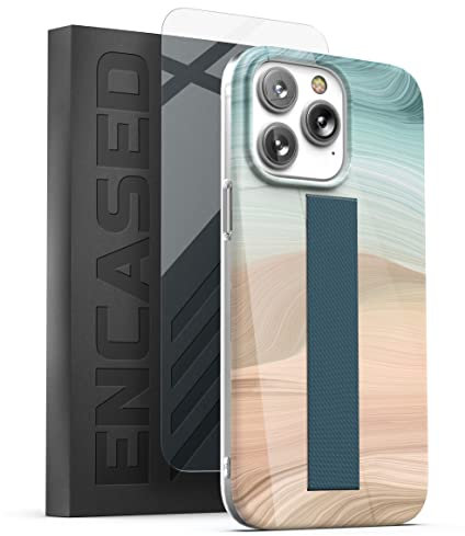 Encased Hand Strap Case Designed for iPhone 14 PRO Case with Finger Loop Grip and Tempered Glass Screen Protector (Calming Ocean)