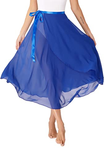TiaoBug Damen Chiffon Ballett Rock Wickelrock Langer Tanzrock Maxi Röcke transparent Ballett Tanz Kostüm Bekleidung in 6 Farben Royal Blau A Einheitsgröße