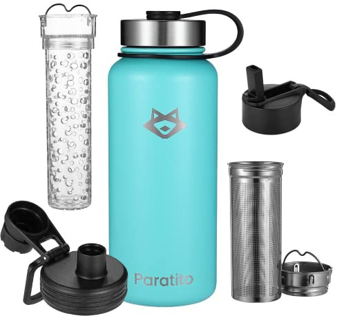 Paratito® Coffret cadeau avec bouteille isotherme + innov. Inserts et embouts en acier inoxydable avec isolation sous vide, 950 ml, garde longtemps chaud et froid