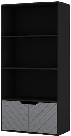 URBNLIVING 4 Tier Wooden Bookcase Cupboard w/Line Doors Storage Shelving Display Cabinet Black Line Doors Grey Pack of 2