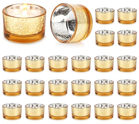 LALAGO Lot de 24 photophores en verre tacheté - Photophores pour bougies chauffe-plat - Décoration de Noël - Décoration de table de mariage (doré)
