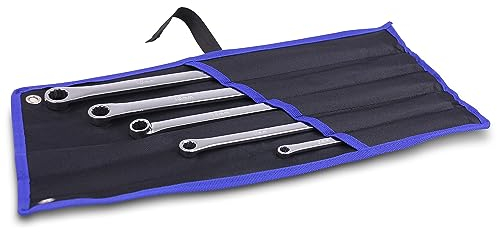 ENVA Doppel Ringschlüssel Satz 5TLG. extra lang SW 8x19 – 18x19mm Länge 235-410mm Hochglanz Verchromt mit Zwölfkant Ringseite inkl. Tetron Rolltasche