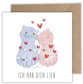 Beziehung Karte Freundschaft - Klappkarte mit Umschlag für Partner und Freunde - Ich Hab Dich Lieb mit Katzen Pärchen (125 x 125 mm)