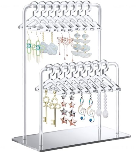 NiHome Acryl-Ohrringhalter mit einzigartigem zweistufigem Design, niedliche Miniatur-Kleiderbügel mit geräumigem Stauraum für 48 Paar, Spiegel-Display für Heim Waschtisch & Einzelhandel