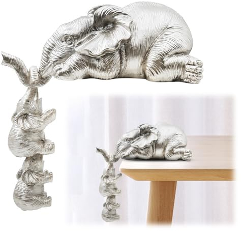 Silber Elefant Statue Figure Mutterliebe Elefanten Deko Resin Skulptur Ornament, Elefanten Geschenke für Mama, Familie, Freunde, Kollegen Elefanten Dekoration für Wohnzimmer, Büro, Schlafzimmer Stil 2