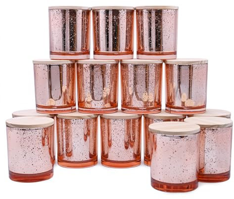 SHOWIN 10 OZ Thick Candle Jars for Making Candles 15 Pcs, Clear Empty Jars with Bamboo Lids for Spice Jars, Sample Container - Dishwasher Safe, Rose Gold, 2024011802