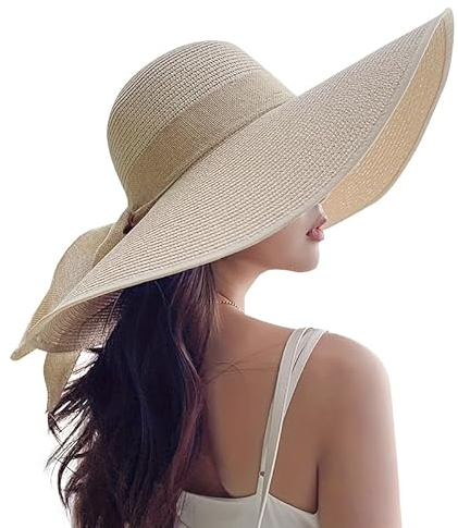Beach Hats for Women - Beach Hat Womens UPF 50+, Packable Sun Hat Women Roll Up, Wide Brim Straw Hat for Women, Beige