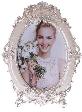 Kawaii-Story BM-xy0075 Creme-Weiß silber Metall Bilderrahmen Fotorahmen Antik Barock Luxus Design Rosen Dekoration Fotogröße 13x18cm (5x7zoll)