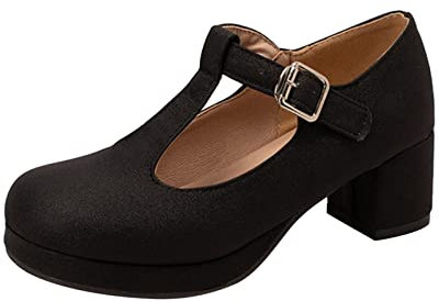 Taille Femmes Confortable Pied Large Chaussure Mesdames mode couleur unie en cuir boucle en forme de T bout rond épais chaussures simples à talons Chaussure Blanche Les Chaussures Plat (Black, 39)