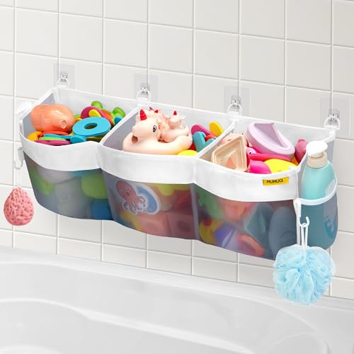Badewannenspielzeug Aufbewahrung Badespielzeug Aufbewahrung 3 Fächern Duschablage Ohne Bohren Hängeorganizer Badespielzeughalter Mesh Tasche Aufbewahrungstasche und Sortierung von Spielzeug, Grau