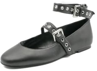 Steve Madden Macbeth Schwarze Damen-Ballerinas mit Lederriemen und Nieten 38