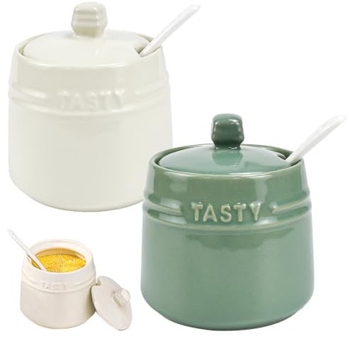 HEKOBAG Azucarero Cerámica Vintage con Tapa y Cuchara, 250ml, Azucarero y Salero Ceramica, Perfecto para la Cocina, Sirviendo para Azúcar, Sal, Especias y Más, Blanco y Azul
