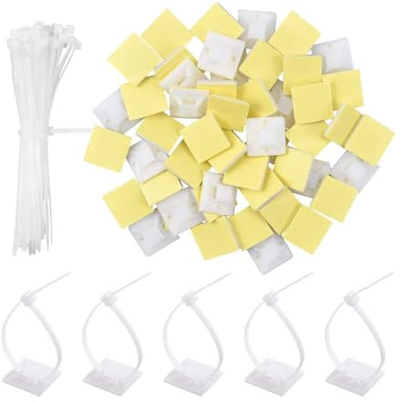Sarini 100 Pack Cable Ties Adhesive Mounts, White Nylon Zip Ties with Self-Adhesive Tie Wraps Base Holders, Sticky Pads for Cable Organization in Home, Office, Garage, Workshop