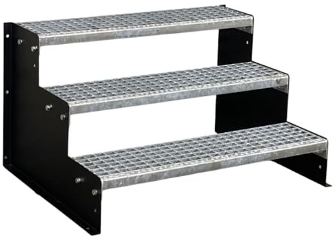 SRM Design 3 Stufen Standtreppe Wangentreppe Gitterrosttreppe Außentreppe Industrietreppe Modell 2 schwarz 18 cm Stufenhöhe 60 cm Breite 54 cm Höhe ohne Geländer