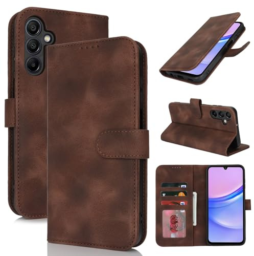 Zouzt Étui pour Samsung Galaxy A15 5G / A15 4G, Coque en cuir synthétique PU résistante aux chocs avec porte-cartes et fonction support Flip Leather Wallet Phone Cover (Vintage Brun Foncé)