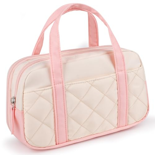 Bunnychic 2 Compartment Pencil Case for Girls,Large Pencil Bag with Handle | Aesthetic Quilting Pencil Pouch with 2 Separate Compartments,Large Capacity Storage Organizer for Girls Teens for College