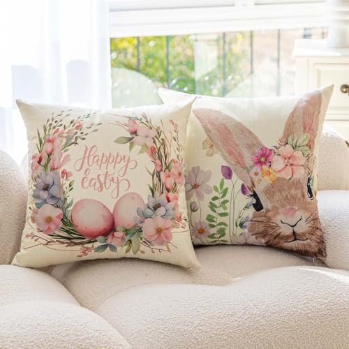 Miuyunya Kissenhülle Osterdeko 2 Stück Modern Kissenbezug Ostern 50 x 50 cm Weiss Hase Kissenbezüge Leinen Frühling Blumen Ostereier Dekoration für Heim Sofa Garten Schlafzimmer Ostern Geschenke