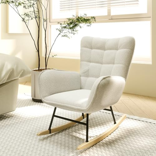 Youyijia Rocking Chairs for Adults, Teddy Fleece Nursery Rocking Chair Relaxing Recliner Chair with Solid Wood Legs High Back Lounge Chairs for Balcony Living Room Bedroom (Sixteen Lattice)