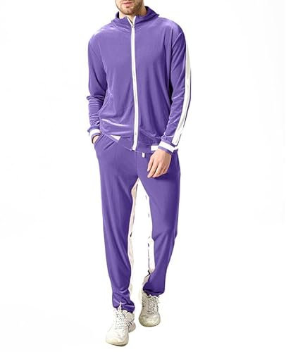KISSQIQI Herren-Trainingsanzug, 2-teilig, durchgehender Reißverschluss, goldener Samt, Sportanzüge, Freizeit-Outfits, Jacke und Hose, Fitness-Trainingsanzug-Set, Violett/Weiß, XX-Large