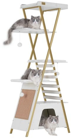 FourFurPets 184 cm Katzenbaum, moderner Katzenturm für drinnen, mehrstöckiges Katzenhaus mit Höhlen, hoher Katzenbaum mit Kratzbrett, hölzerner Katzenturm mit großer Plattform, Weiß