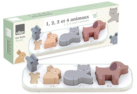 Vilac - 1, 2, 3 et 4 Animaux - Sarah Betz - Jouet Premier Age - 1 Support +10 pièces à encastrer - Jeux d'Eveil pour Enfant en Bois - Jouet pour Enfant Dès 18 Mois - 7118