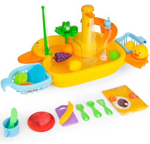 Küchenspüle Spielzeug Set mit Wasser-Recycling Wasserhahn und Waschbecken,Geschirr Set, mit Obst-Schneiden für Kinder ab 3 Jahre für Pool/Garten/Strand Sommer Outdoor Geschenk