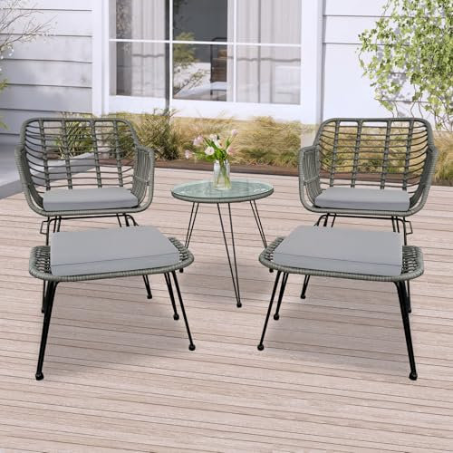 SJGUOJI 5 Piece Bistro Garden Dining Furniture Set, Outdoor Garden Furniture Set with Waterproof Polyester Cushions and with Tempered Glass Table for Backyard Poolside Balcony, Grey