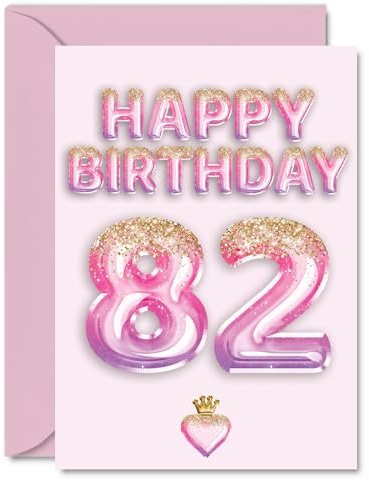 82nd Birthday Cards for Women and Men, Pink & Purple Glitter Balloons | Happy Birthday Card for 82 Year Old Man Woman Uncle Wife Auntie Grandad, A5 Bday Greeting Cards