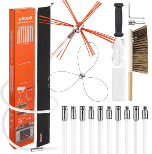 VEVOR Kit de Ramonage 9 m Brosse de Cheminée Extensible, avec Double Tête de Brosse, Tiges en Nylon, Lunettes de Protection, Outils de Nettoyage Foyer pour Cheminées Carrées, Rectangulaires, Arquées
