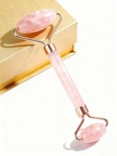 MASSOVIBE Rouleau de jade pour le visage, rouleau de quartz rose naturel pour femme, outil de massage facial pour soins de la peau, réduit les poches (rose)