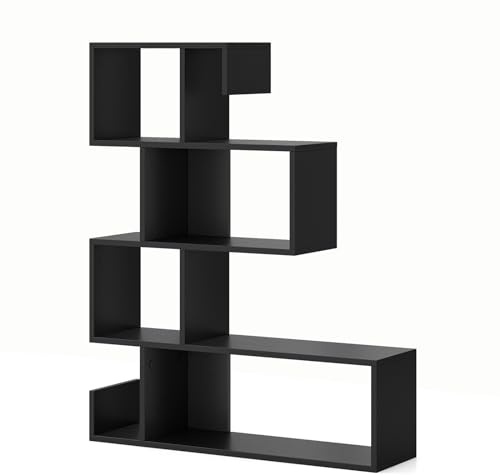 FANTASK 4 Ebenen Bücherregal, 80 x 22 x 100 cm, S-Form Raumteiler Regal mit offen Ablagen, freistehend Stufenregal aus Holz, Aufbewahrungsregal für Wohnzimmer, Schlafzimmer, Büro (Schwarz)