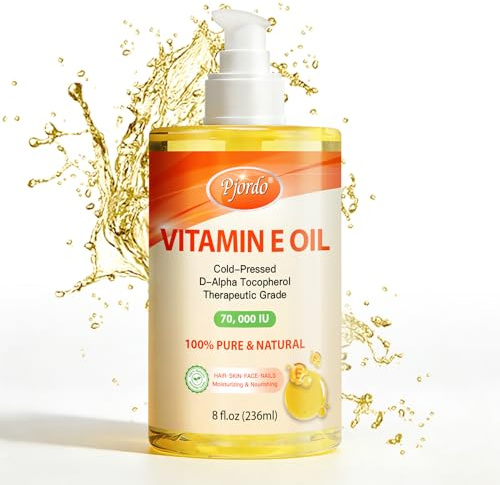 Pjordo 100% Pure Vitamin E Oil - 236ml, 70,000 IU Organic Vitamin E Oil for Scars, Skin, Face, Nails & Hair, Cold-Pressed Body Oil Nourishes & Moisturizes All Skin Types for Improving Skin Texture