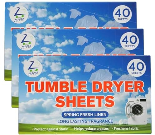 Pack of 3 (120 Sheets) Tumble Dryer Spring Fresh Linen Sheets Anti Static Fabric Softener with Long Lasting Fragrance, Crease Reduction & Fresh Laundry Care