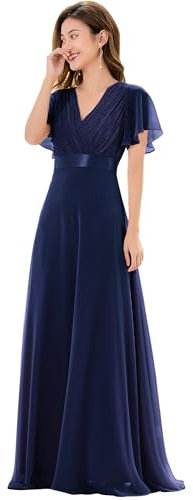 Ever-Pretty A-línea Vestido de Noche Cuello en V Manga Corta Gasa Corte Imperio para Mujer Azul Marino 38