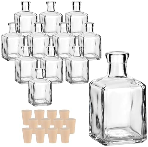 gouveo Lot de 12 bouteilles en verre cube 250 ml avec bouchons (PEK) - belle bouteille 0,25 l à remplir - bouteille carrée en liège pour liqueur, gin, liqueur, huile, vase (CFET250PEK)