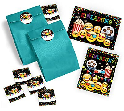 12 Einladungskarten Geburtstag Kinder Kino für Mädchen Jungen Jungs incl. 12 Umschläge, 12 Tüten, 12 Aufkleber Einladungen Kindergeburtstag Geburtstagseinladungen Set Partyset Kartenset Party