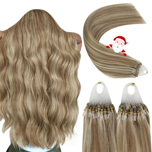 YoungSee 18inch Micro Beads Hair Extensions Light Brown with Blonde Highlight Microring Human Hair Extensions Brown for Bridal Look Cold Fusion Durable Natural Looking Smooth 50s 50g