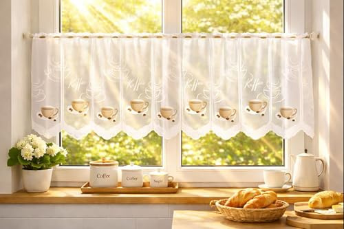 KAMACA Bistrogardine Kürzbare Scheibengardine Handveredelte Küchengardine mit Kaffeetassen-Motiv Halbtransparenter Kurzstore Sichtschutz lichtdurchlässig Individuell anpassbar (HxB 45x145 cm Kaffee)