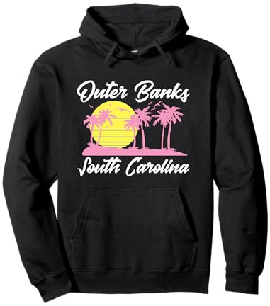 Outer Banks South Carolina Vintage Sunset Palm Trees Dark Pullover Hoodie