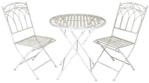 Charles Bentley Rustic Wrought Iron Bistro Set For Patio, Garden, Balcony, Decking, Stylish, Outdoor Furniture, Rustproof, 2 Person, Antique White, 1 Circle Table, Lightweight, 2 Chairs (70x70x75cm)