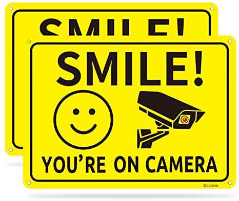 Goodvia Smile You Are On Camera Sign Metal 7 X 10, Smile CCTV Sign Reflective Aluminum Funny CCTV Signs Outdoor CCTV Signage Metal, Pack of 2
