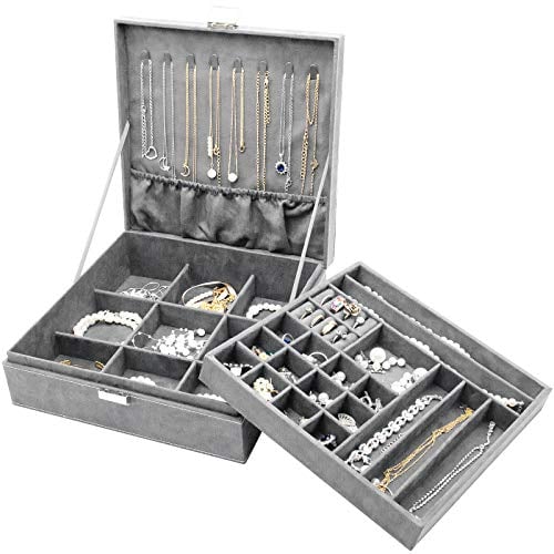 ProCase Schmuck Kästchen Organizer für Frauen, Zwei Schicht Schmuck Display Aufbewahrung Koffer mit 9 Halsketten Bügeln und herausnehmbarem Trennsteg für Ohrringe Armbänder Ringe -Grau