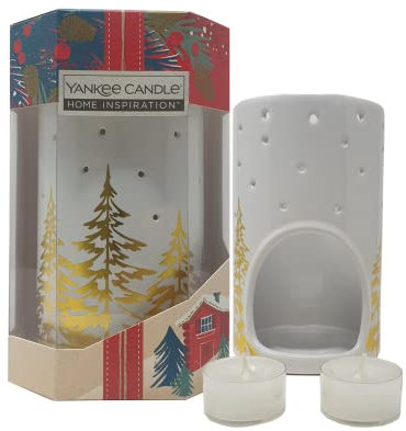 Yankee Candle Home Inspiration Wax Oil Burner plus 4 Tea Lights XMAS Theme White Gold