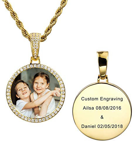 MeMeDIY Picture Necklace Personalized Custom Photo Copper Medal Pendant Engravingext/Name/Date Memory Iced Out Round Medallion with Hip Hop Charm Rope Chain for Men Women Boys (Gold 20 inches)