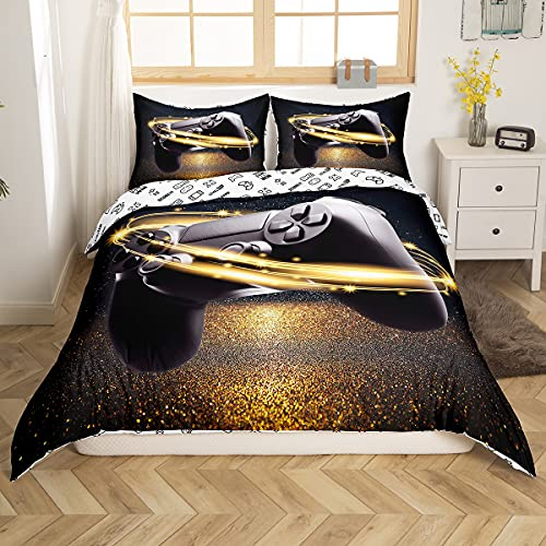 Tbrand Gamepad Bettbezug Set Jungen Gamer Bettwäsche Set 135x200cm Schwarz Golden Videospiel Gamepad Betten Set Für Jugendliche Kinder Chic Glitter Modern Game Controller Ultra weich