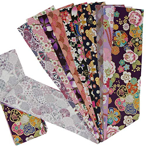 aufodara 10er Stoff Baumwolle Streifen 7,5x100cm Japanische Stil Baumwollstoff Patchwork, Gedruckt Blumen Gold Muster Bronzing Stoffpaket Stoffe zum Nähen Quilten DIY Artcraft Handwerk (Pink, Lila)