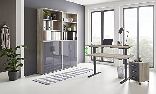 Büromöbel komplett Set mit elektrisch höhenverstellbaren Schreibtisch Arbeitszimmer e-Dition in Eiche Sonoma/Anthrazit Hochglanz lackiert/Gestell Anthrazit (Set 11)