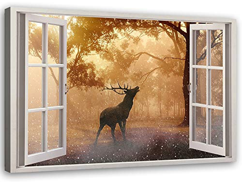 Feeby - Wandbilder Wohnzimmer 60x40 cm, Vlies Leinwandbild, Bilder für Schlafzimmer, Echter Gemalter Effekt, Moderne Wanddeko, Gemälde - Fensterblick, Hirsch, Wald, Sonnenaufgang - Orange