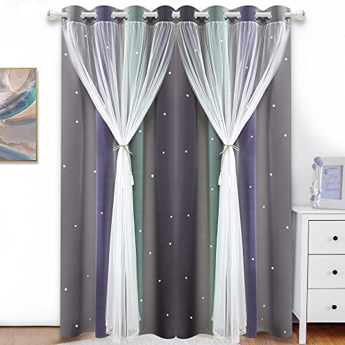 Kinryb Weihnachtsvorhänge in Regenbogenfarben, Ombré-Stil, Sterne, bunte Kindervorhänge – 2-lagige Vorhänge mit Ösen oben für Dekoration, grau/violett, 2er-Set, 132 x 213 cm (B x L)