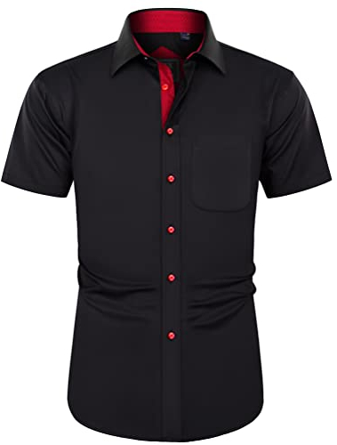J.VER Men's Short Sleeve Black Dress Shirt Stretch Non Iron Regular Fit Business Casual Button Down Shirt Wedding Work Office 4XL